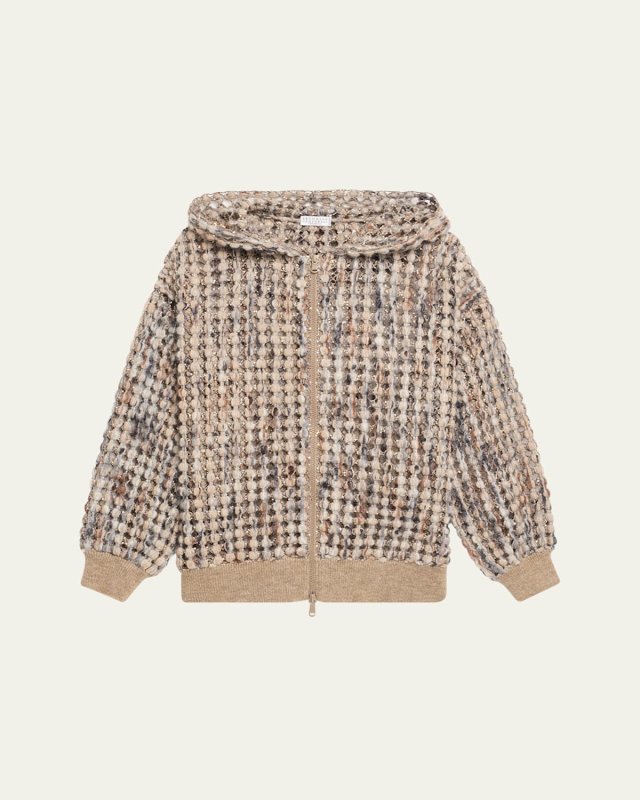 Pailette Wool-Cashmere Net Balloon-Sleeve Zip Hoodie